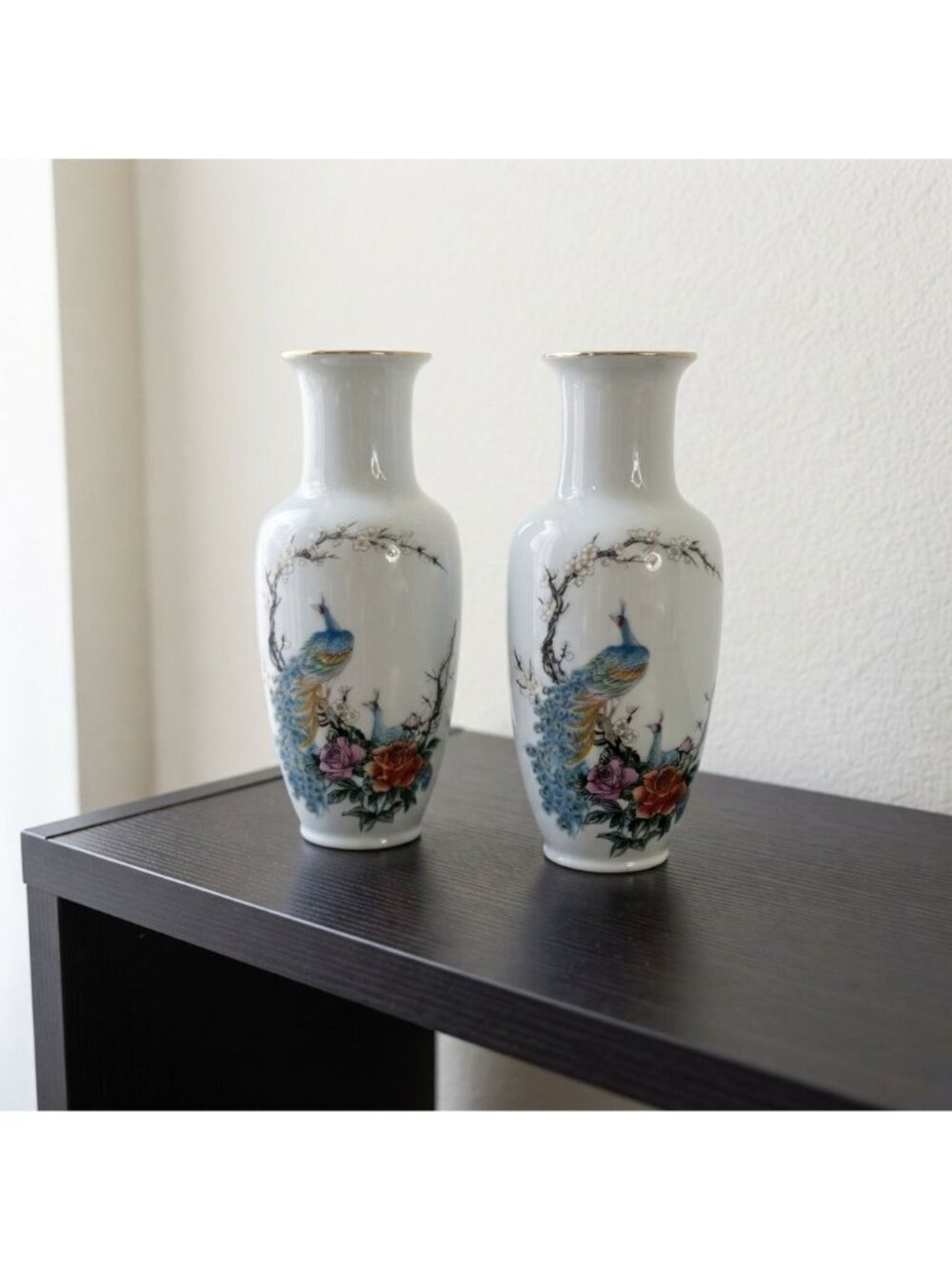Mid Century Japanese Fine China Peacock Vases Chinoiserie Floral Blue Green